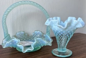 2 Fenton blue opalescent hobnail basket Vase - Picture 1 of 17
