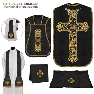 Black Roman Chasuble Fiddleback Vestment and Mass set, IHS embroidery - Picture 1 of 1