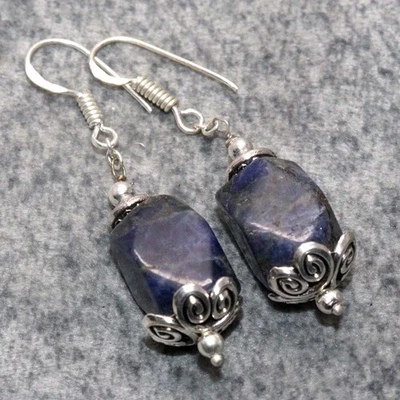 925 Silver Plated Special Sodalite Beaded Earrings Gemstone Size 2" MJ - Image 1 of 3
