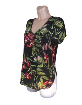 PHILOSOPHY Size S Black Dolman Sleeve Pullover Top Vibrant Front Foliage Pattern - image 1 of 4