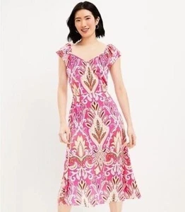 LOFT Mujer 8 Rosa Amarillo Estampado Manga Acampada Escote en V Midi Vestido Línea A - Imagen 1 de 9