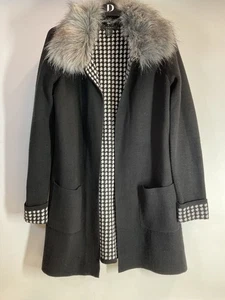Tahari Black Cardigan Coat Faux Fur Collar Houndstooth Lining Size Small - Picture 1 of 16