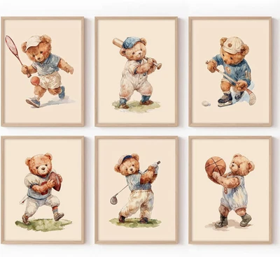 Arte de pared de oso infantil niño deportes lienzo decoración de pared bebé guardería impresiones vintage T Foto 1 de 4
