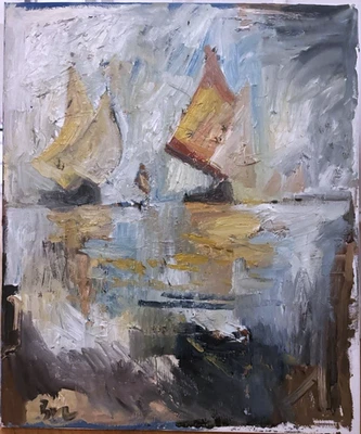 Pintura al óleo abstracta de paisaje marino sobre lienzo cubismo náutico 18x24 original firmada Foto 1 de 4