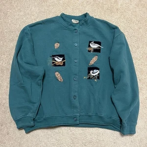 Cárdigan Vintage Artesanos Pájaro Bordado Cuello Redondo Turquesa L - Imagen 1 de 6
