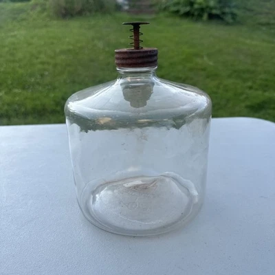 Vtg Duraglas Glass Bottle Kerosene Stove Fuel Drip Jar w Spring Loaded Cover Lid - Image 1 of 4