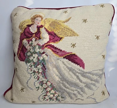 Christmas Angel Needlepoint Cushion Pillow Cover Stars Halo Floral Spray Velvet - Image 1 of 4