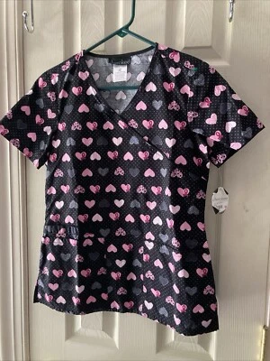 Cherokee Scrubs Womens XS Breast Cancer/Hearts COTTON Scrub Top 42801C NWT - Image 1 of 4