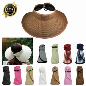 Women Summer Beach Work Hat Sun Visor Foldable Roll Up Wide Brim Open Top Cap - Picture 1 of 18