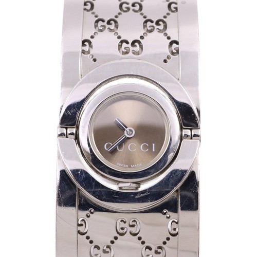 Montre bracelet pour femme Gucci YA112 toile cadran marron véritable ceinture SS