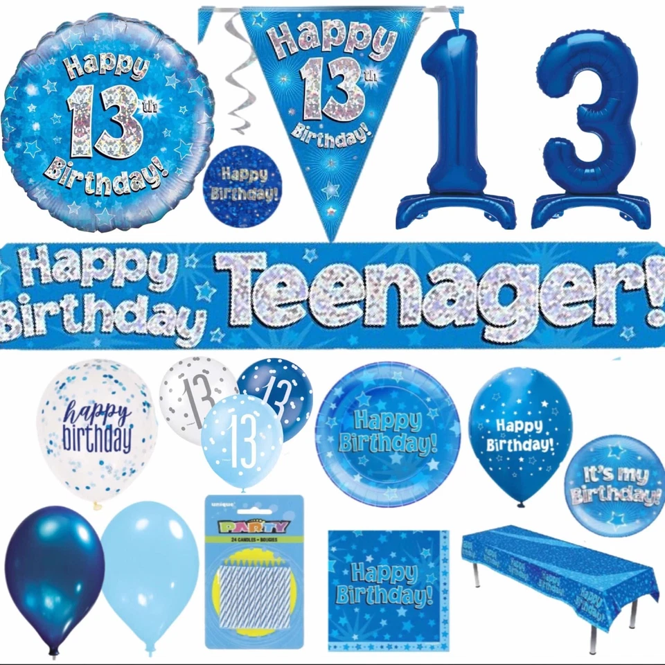 OAKTREE UK Blue 13th Happy Birthday Party Decorations Banner Bunting Balloon Candles Age 13