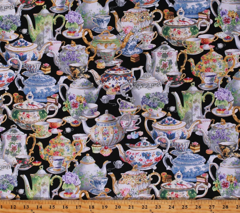 Teteras de algodón para fiesta de té tazas de té estampado de tela de algodón negro por yarda D567.01 Foto 1 de 1