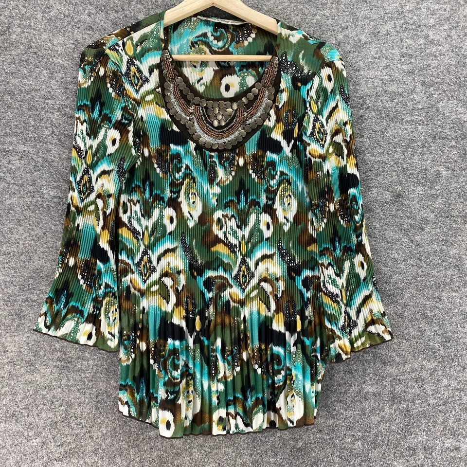 Blusa Larry Levine Mujer S Pequeña Azul Geométrica Manga Larga Cuello Redondo Informal Foto 1 de 4