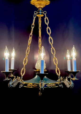 French Neoclassical Empire Swan Chandelier Torch Tole Brass Bronze Vintage Cover