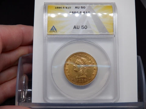 1886-S Liberty Head $10 Eagle Gold Coin - ANACS Graded AU50 - Lovely Coin Cover