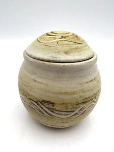 Art Pottery Stoneware Apothecary Jar with Lid Neutral Colors Signed by Artist - Picture 1 of 11
