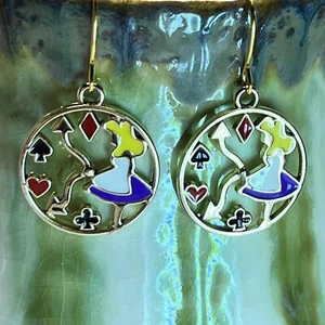 Gold Tone Alice in Wonderland Clock French Hook Dangle Earrings. S214 - Picture 1 of 3