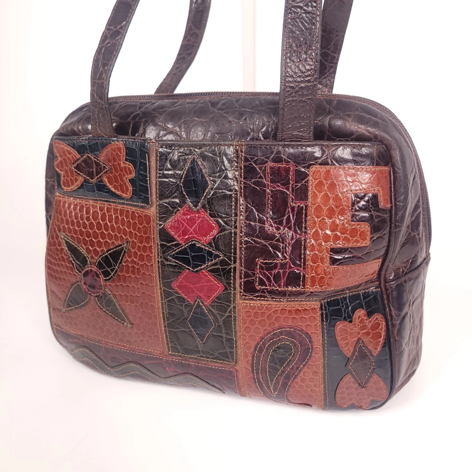 Braccialini Italy Purse Patchwork Leather Crossbody Shoulder Bag Brown See Strap - Image 1 of 4