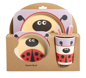 Lady Bug Bamboo Kids Dinnerware Set - 5-Piece Set With Plate Bowl Cup Fork &... - Picture 1 of 6