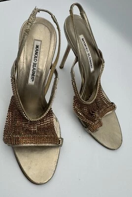 Sandalias Manolo Blahnik Fringestro Cristales Dorados Joyas Zapatos 37 Foto 1 de 4