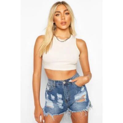 Pantalones Cortos Denim Boohoo Plus 20 Desgastados Deshilachado Dobladillo Cintura Alta Medio Azul Foto 1 de 4