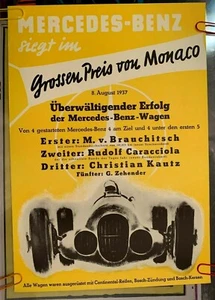 MERCEDES BENZ GROSSEN PREIS VON MONACO 1937 VINTAGE RACE POSTER -NICE! - Picture 1 of 7