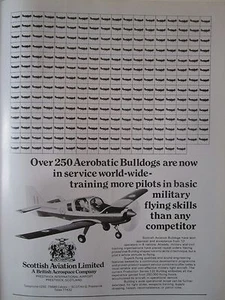 11/77 PUB SCOTTISH AVIATION AEROBATIC MILITARY TRAINER BULLDOG 250 IN SERVICE AD - Foto 1 di 1