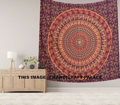 Indian Cotton Wall Hanging Elephant Mandala Tapestry Bedspread Boho Beach Throw - Image 1 of 2
