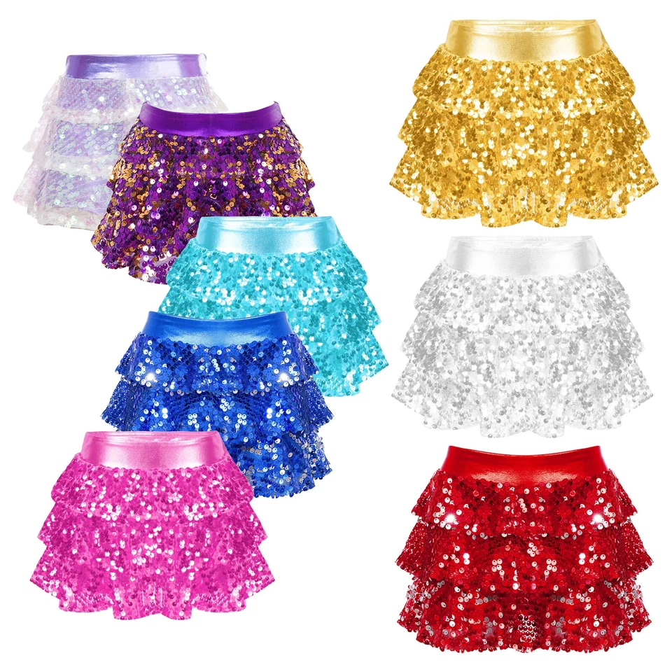 Girls Sequins Tiered Skirt Kids Metallic Glitter Party Dance Culottes Dancewear - Image 1 of 3