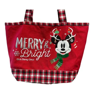 Bolso de Mano Feliz y Brillante Mickey Mouse Rojo Lona a Cuadros Navidad Parques Disney Foto 1 de 4