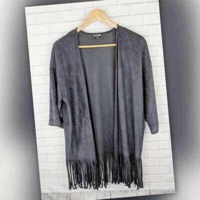 Camisa Express Kimono Mujer Talla Única Negra Imitación Gamuza Flecos Boho Hippie Bruja Foto 1 de 4