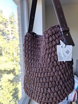 NUEVO CON ETIQUETAS ZARA Bolso de Hombro Marrón Chocolate Oscuro Macramé Tejido Hebilla con Correa de Cuero Foto 1 de 4