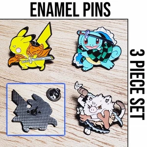 Pokemon Demon Slayer Anime Cartoon Metal Enamel Pin Pikachu Mash Up Pin Set Of 3 - Picture 1 of 4