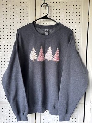 Gildan серый / розовый рождественская елка графический Crewneck толстовка женщин Lg праздник - Изображение 1 из 4