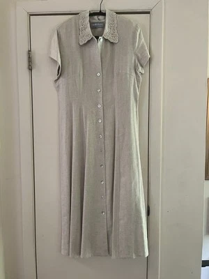 Vtg 90s Linen Rayon Victorian Garden Lunch Embroidered Maxi Cottagecore Dress 8 - Image 1 of 4