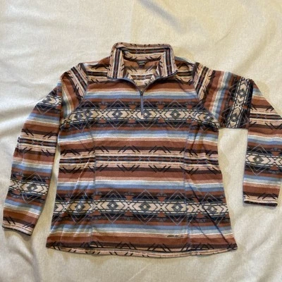 Eddie Bauer Mujer XL 1/4 Cremallera Marrón Azul Estampado Azteca Vellón Manga Larga Foto 1 de 4