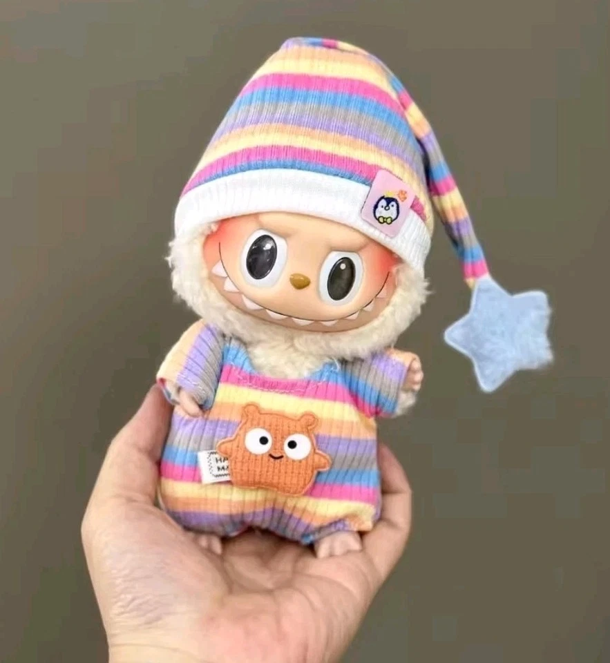 MARKENLOS 💜🩷💛💙Pyjama Set für Labubu Puppen 15-17cm Bunt Mit Schlafmütze💜🩷💛💙