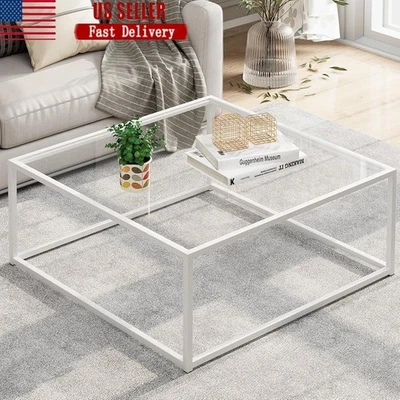 Mesa de centro cuadrada de vidrio templado diseño minimalista moderno marco de metal resistente Foto 1 de 4