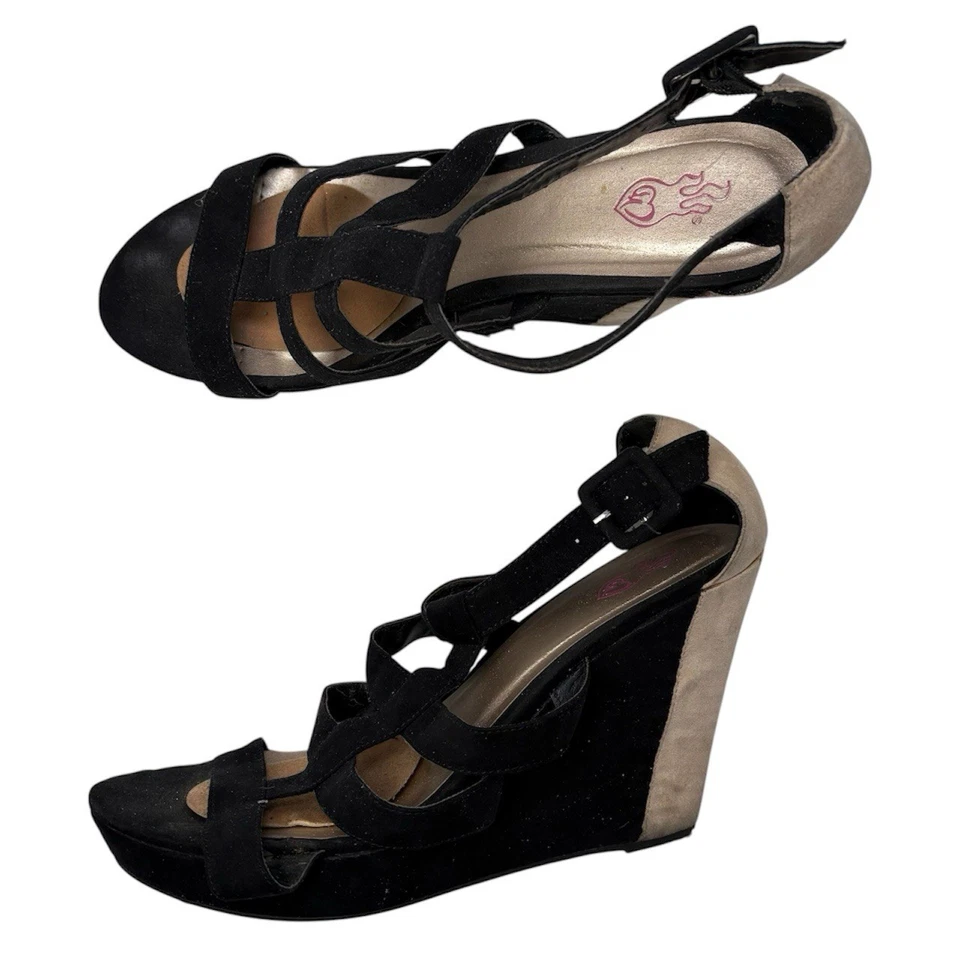 Y2K Black & Beige Suede Strappy Wedge Heels - Image 1 of 4