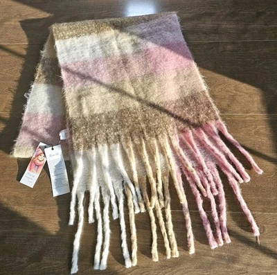 Bufanda a cuadros súper suave de gran tamaño con borlas grandes para mujer rosa, crema, tostado Foto 1 de 4