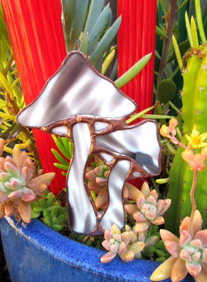 Stained Glass Mushroom Garden Stake (Black & White) Fun Decor Gifts - Image 1 of 4