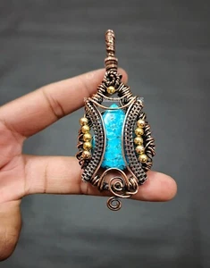 Tibetan Turquoise Pendant Copper Wire Wrapped Gemstone Jewelry Copper Pendant - Picture 1 of 6