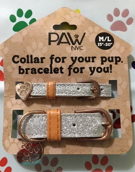 PAW NYC Collar for your dog - Bracelet for you! - Size Med / Lg - Silver bling + Charm