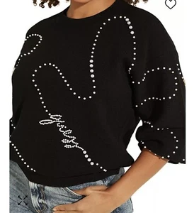 NWT Black Guess Embellished Beaded Logo Sweater Size L - Picture 1 of 10