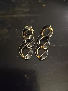 Vintage Napier Signed Gold-Tone Dangle Black Pierced Earrings - Picture 1 of 2