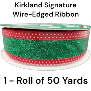 Kirkland Wire Edged Ribbon Green Glitter Red Dots Roll 50 Yards Decor Wrap 1.5" - Picture 1 of 23