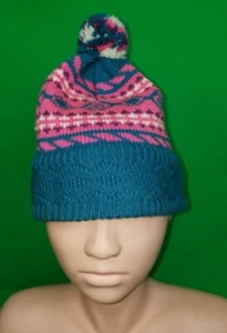 NICE Vintage Hi-Line Knits Beanie Hat O/S Pom Pom Ski Cap Pink Blue USA Ladies - Picture 1 of 4