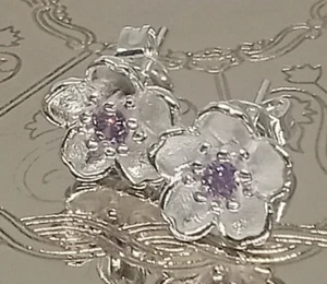 Flower Earrings Sterling Silver & Purple Zircon Studs Sparkling Jewelry for Her - Picture 1 of 4