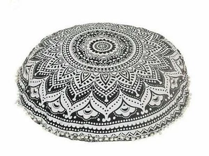 Cotton Black Mandala Floral Print Floor Cushion Cover 32" Ottoman Pillow Case - Picture 1 of 4