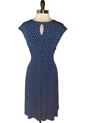 LIZ CLAIBORNE Size XL A-Line Dress Blue White Polka Dots Cap Sleeve Stretch Knit - Image 1 of 4